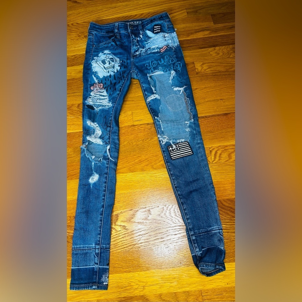 American Eagle Custom Distressed Skinny Jeans Size 2 Y2K Punk Grunge Streetwear